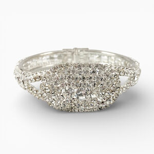 Vintage Silver tone Encrusted Clear Rhinestone Clamper Cuff Bracelet. Bridal